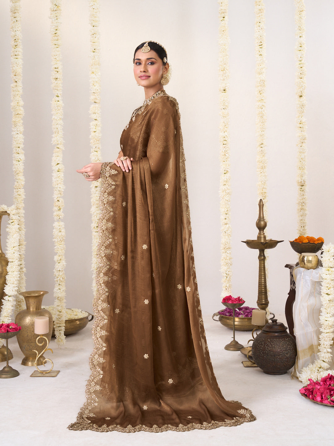 Floral embroidery chiffon saree