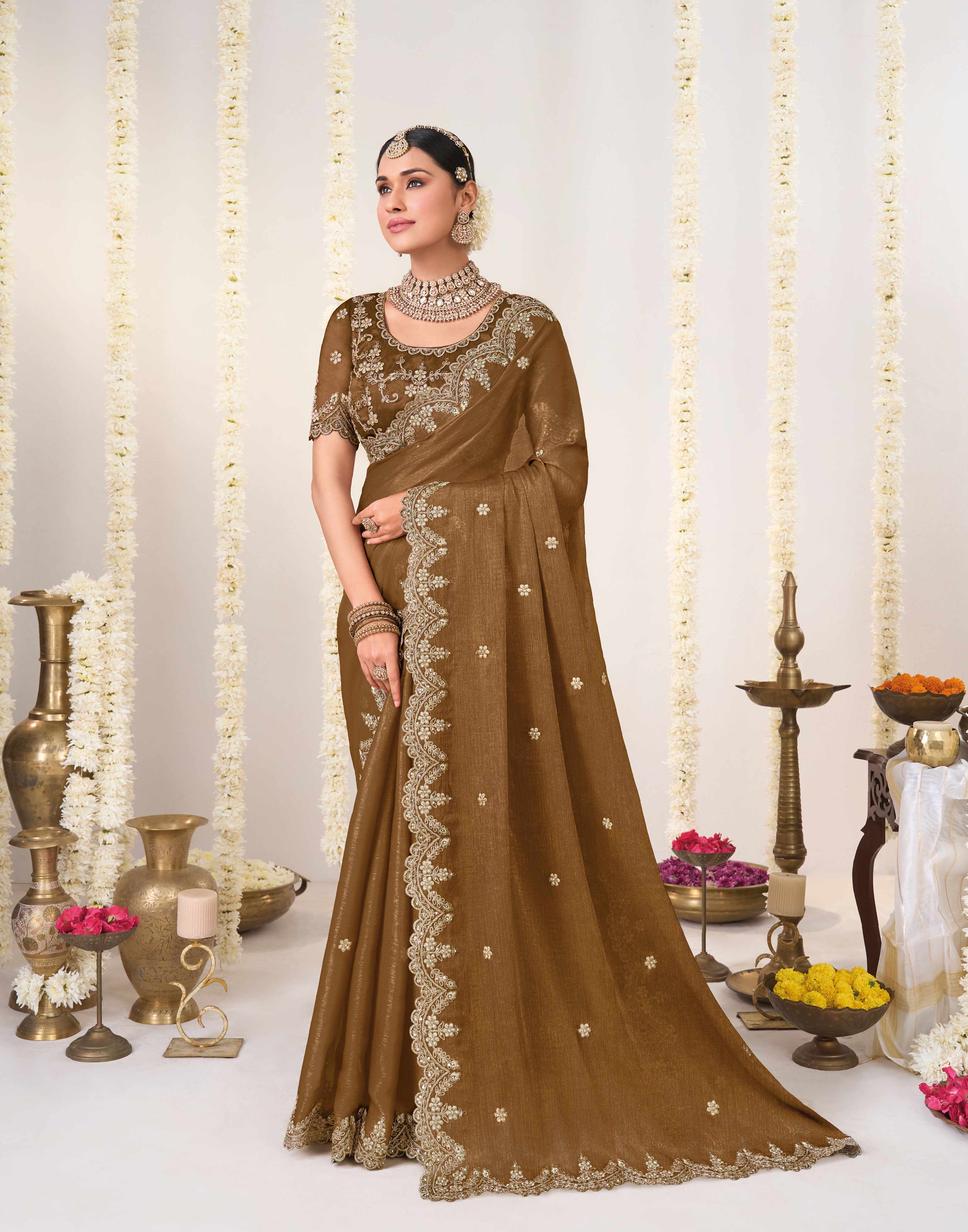 Brown embroidered chiffon saree