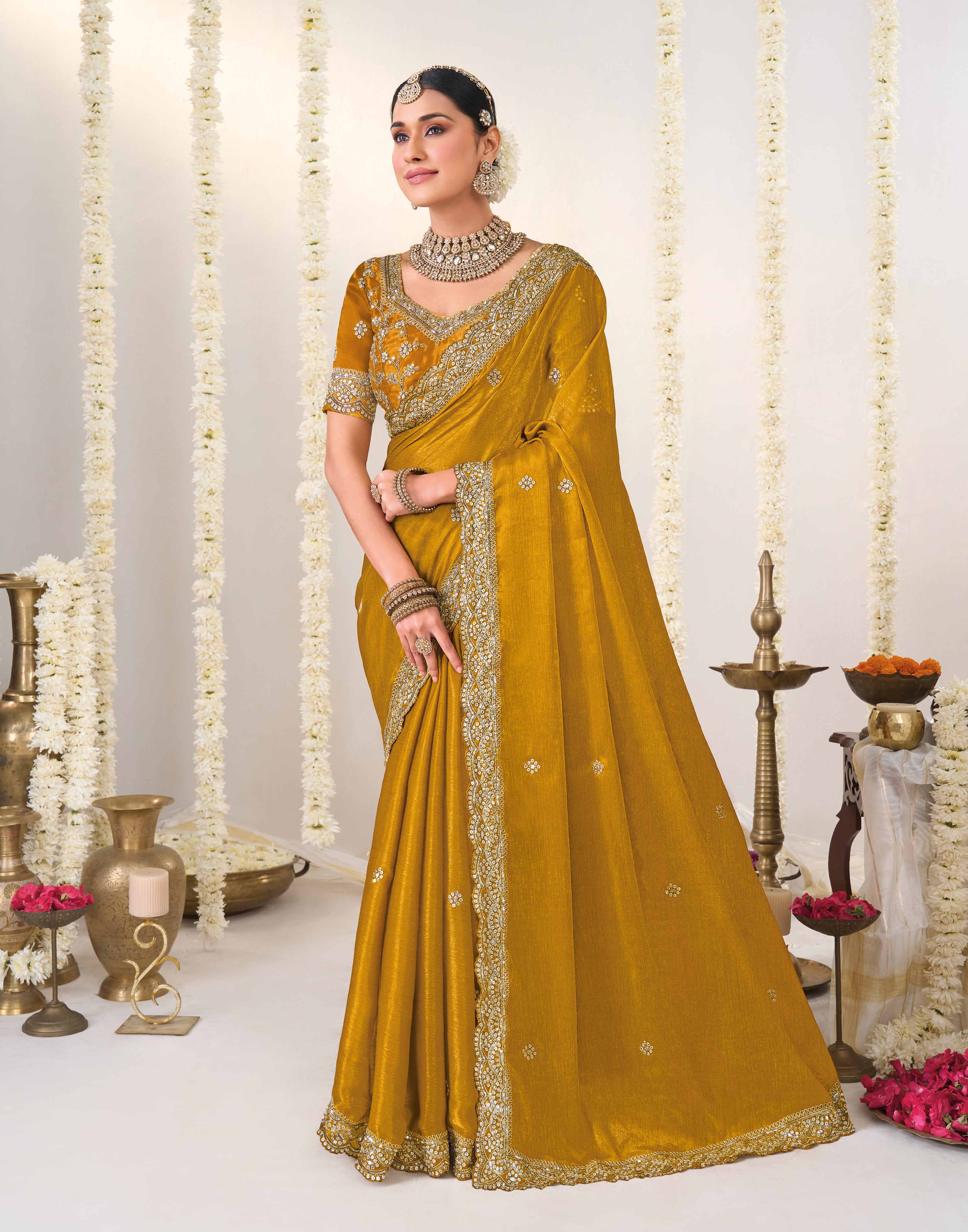 Laxmipati Shatranj Golden Brown Chiffon Floral Embroidered Saree