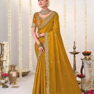Laxmipati Shatranj Golden Brown Chiffon Floral Embroidered Saree