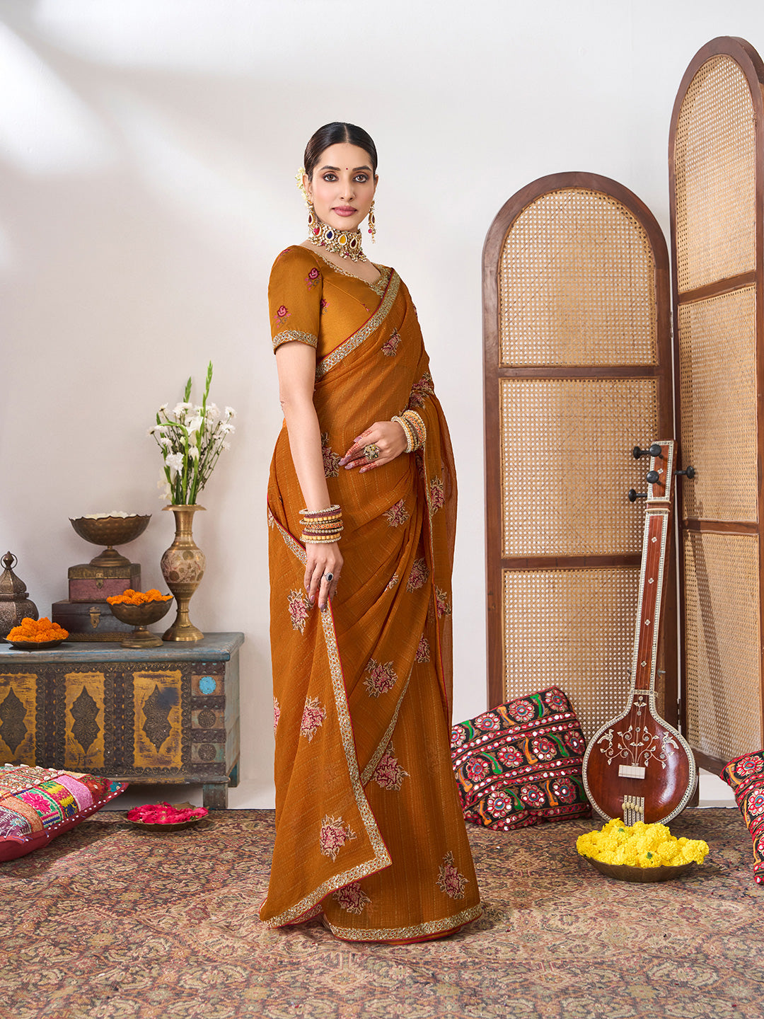 Laxmipati Gajak Brown Chiffon Floral Embroidered Saree