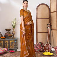 Laxmipati Gajak Brown Chiffon Floral Embroidered Saree