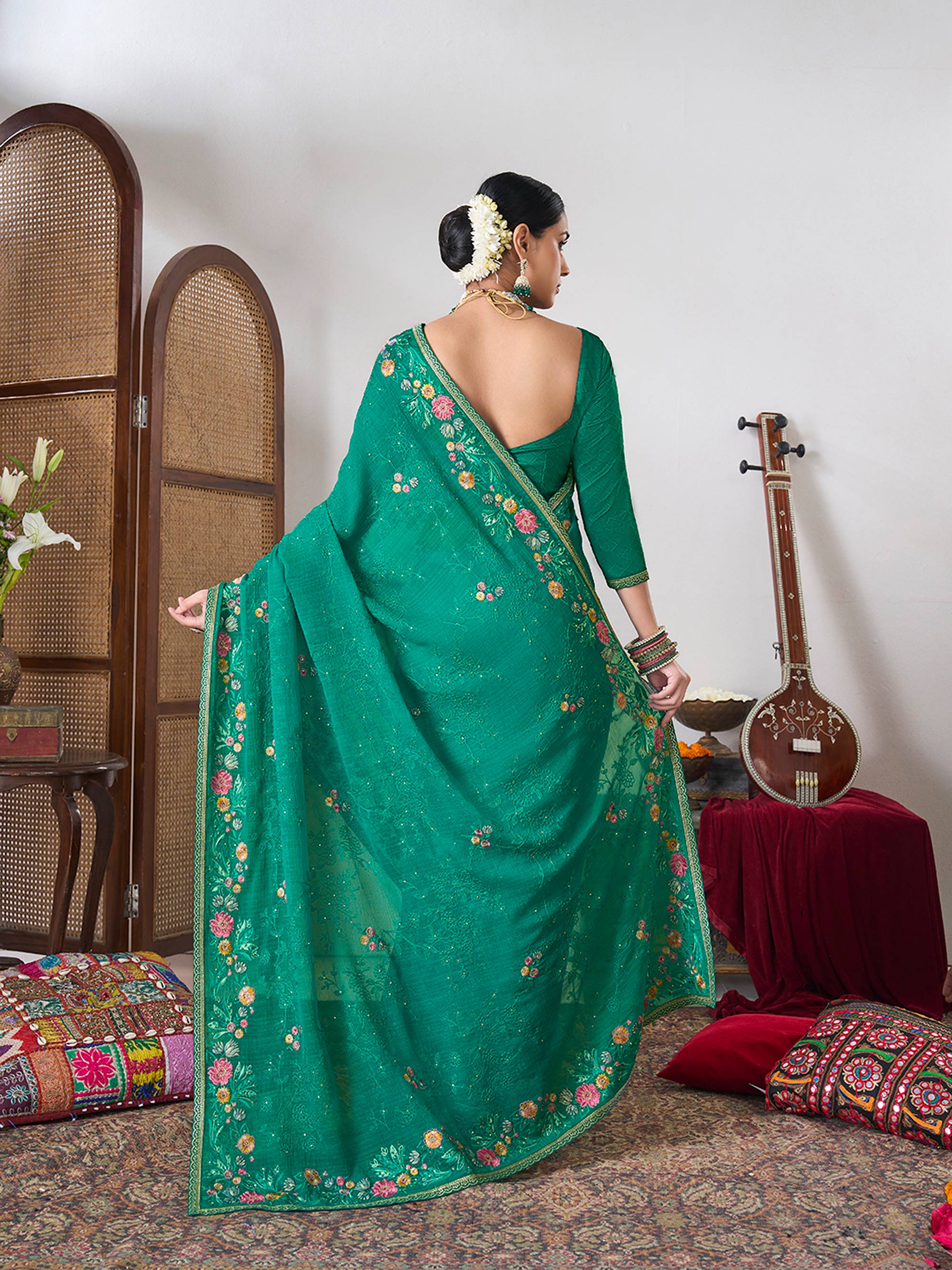 Green party wear saree