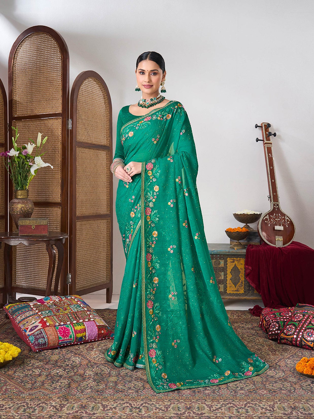 Floral thread work saree