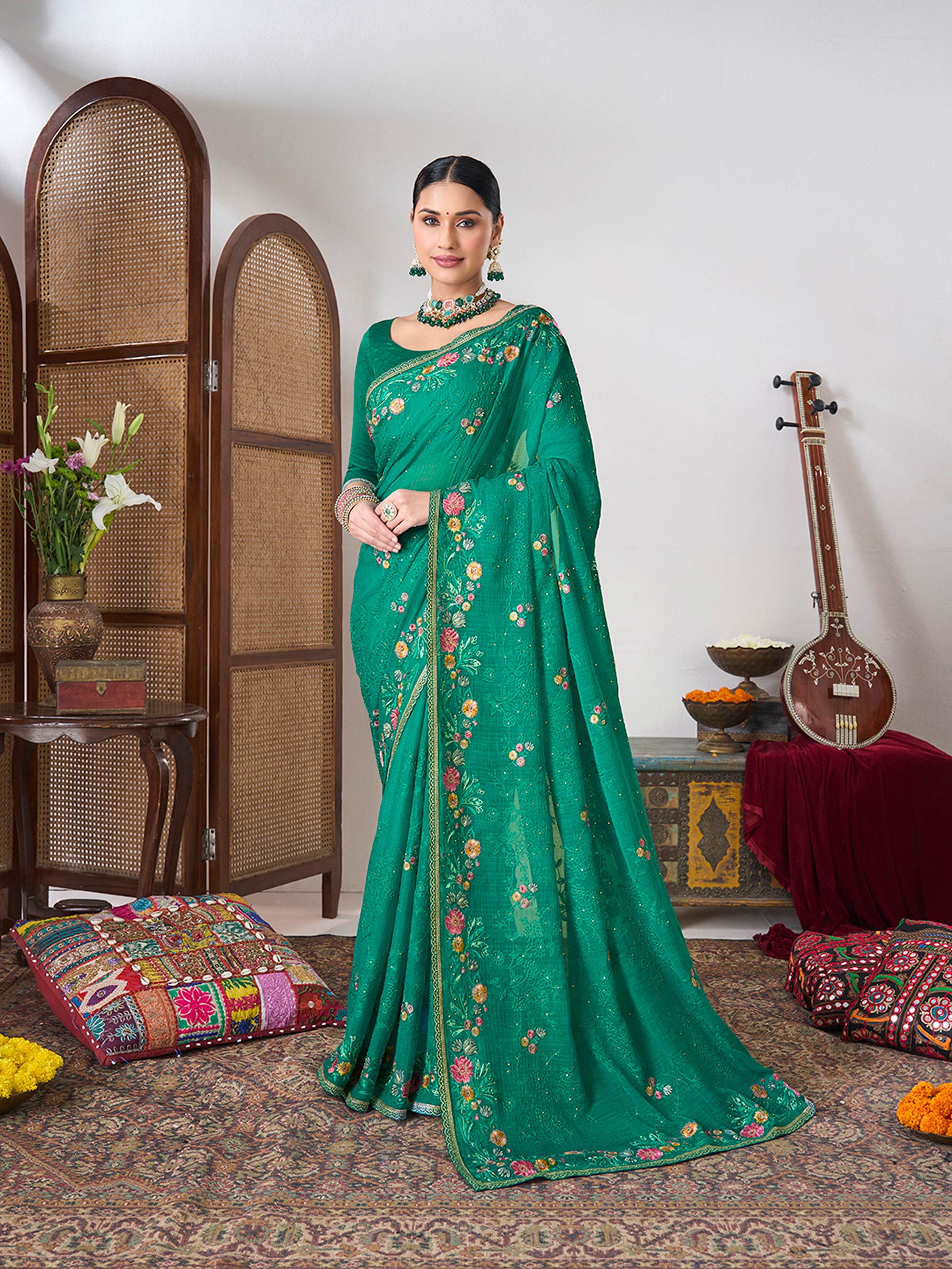 Floral thread work saree