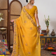 Yellow embroidered chiffon saree