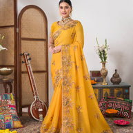 Yellow embroidered chiffon saree