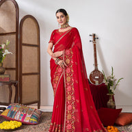 Red embroidered chiffon saree