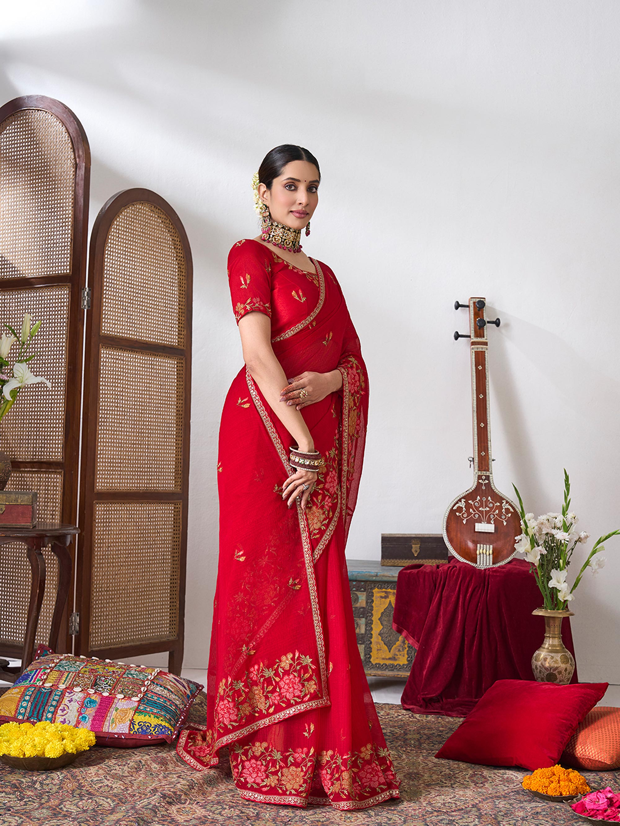 Floral work festive saree