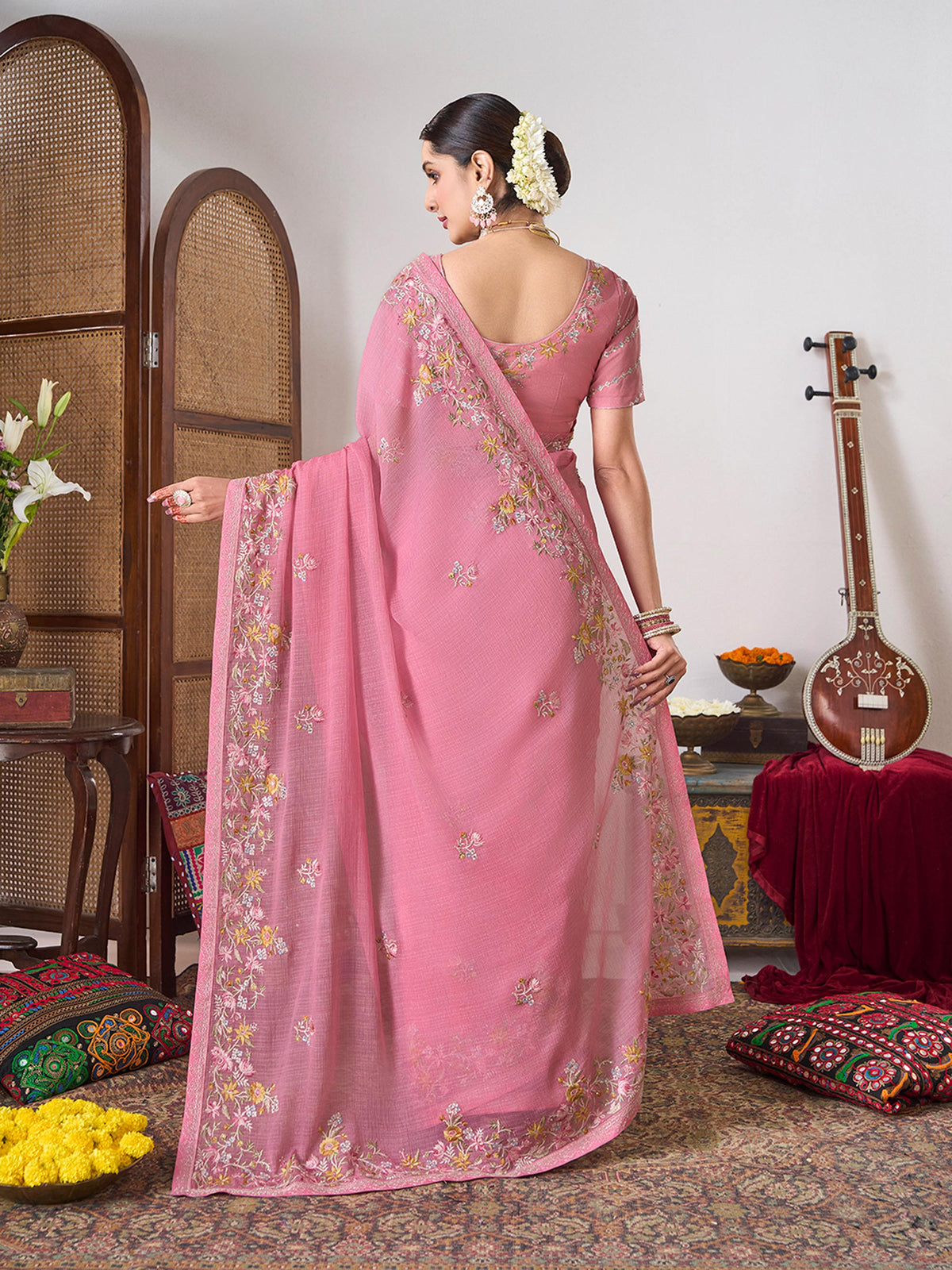 Floral embroidery work saree