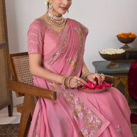 Pink designer chiffon saree