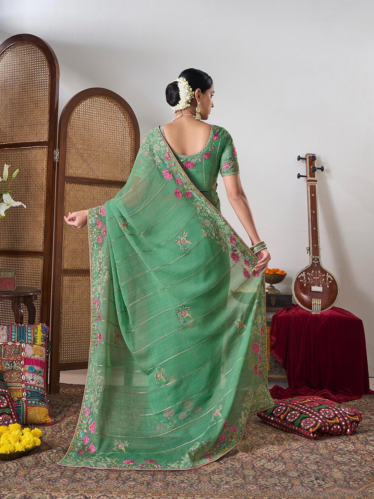 Green floral chiffon saree
