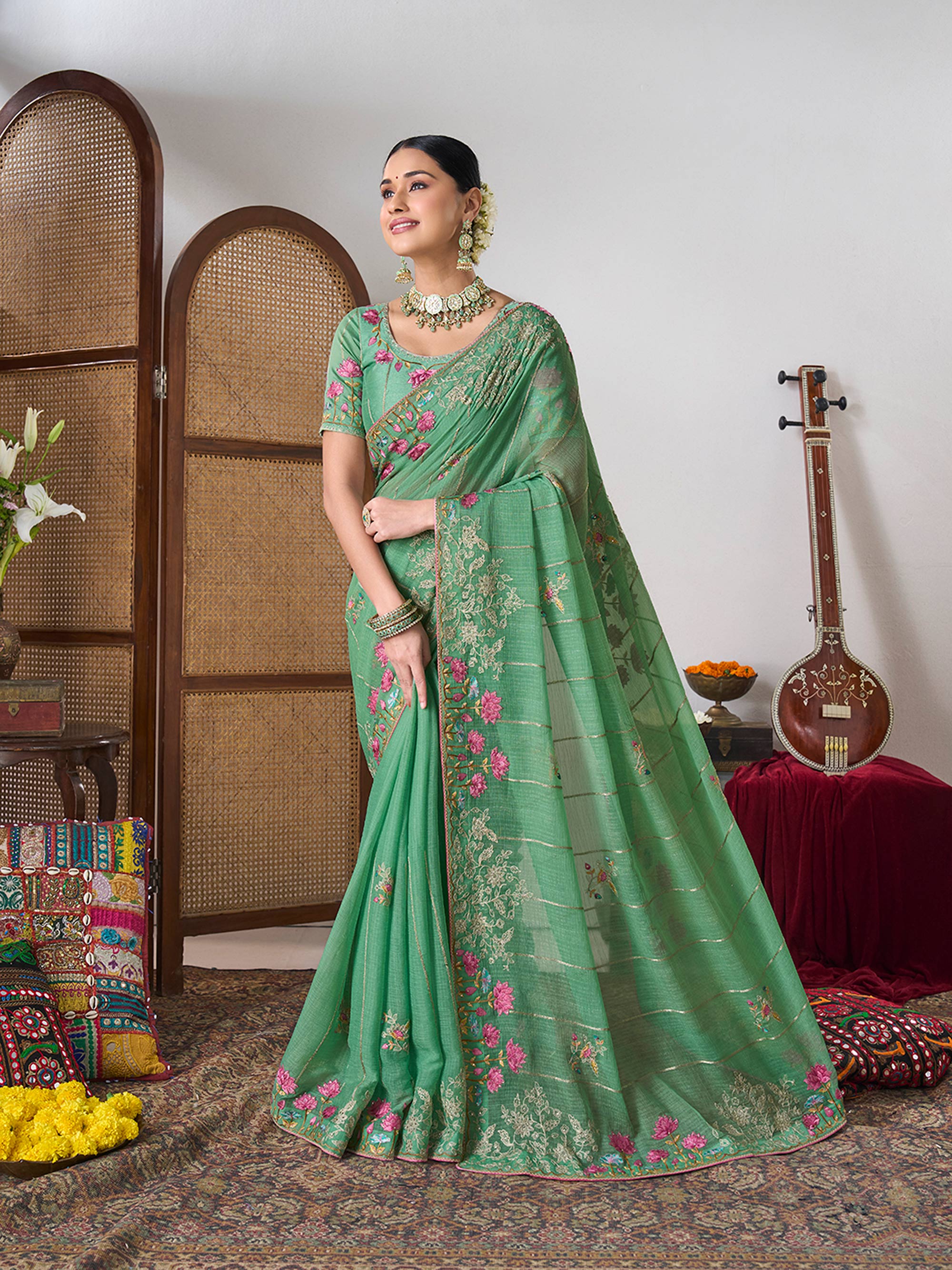 Green floral chiffon saree