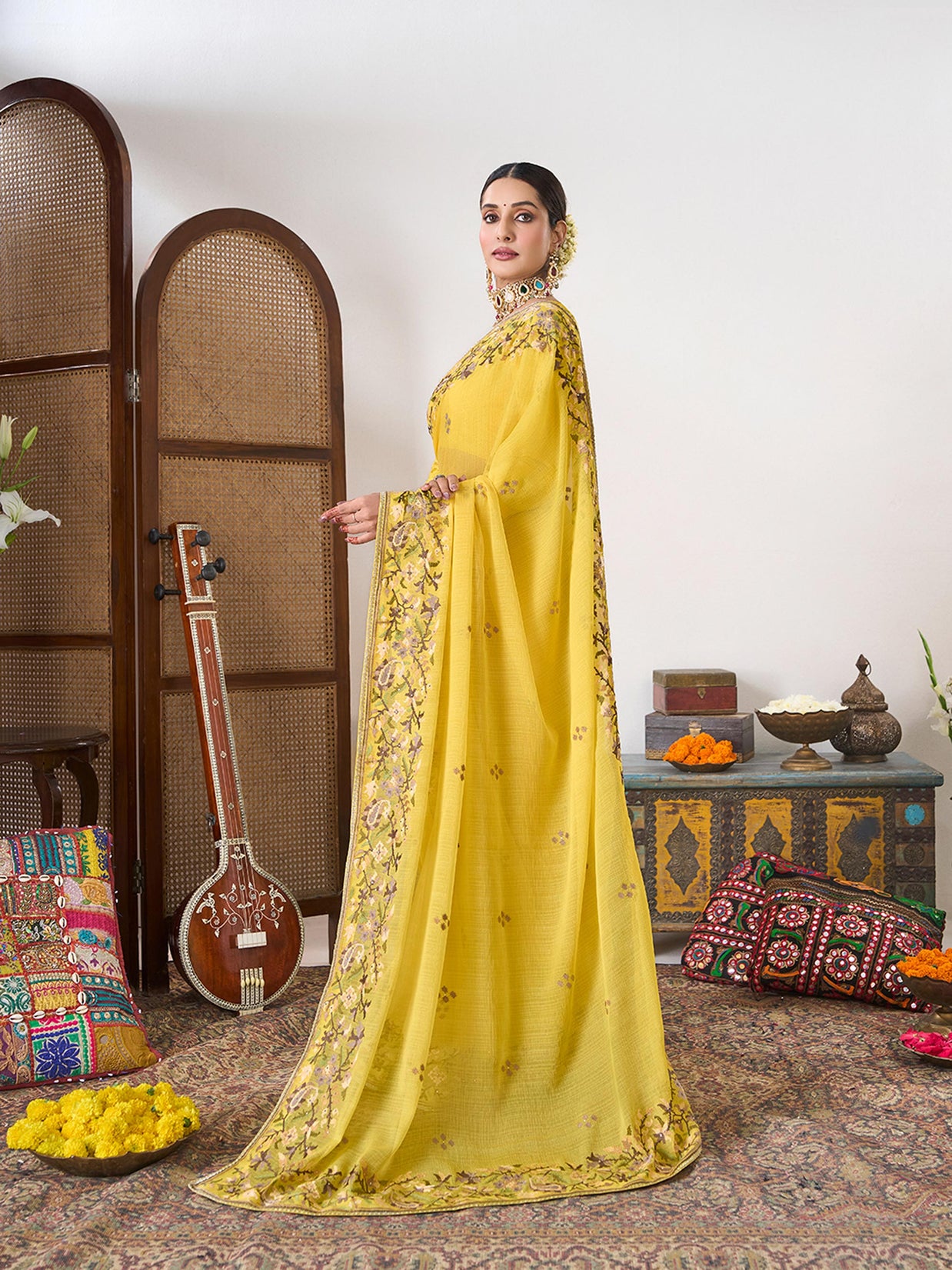 Yellow festive wear saree