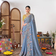 Blue embroidered chiffon saree