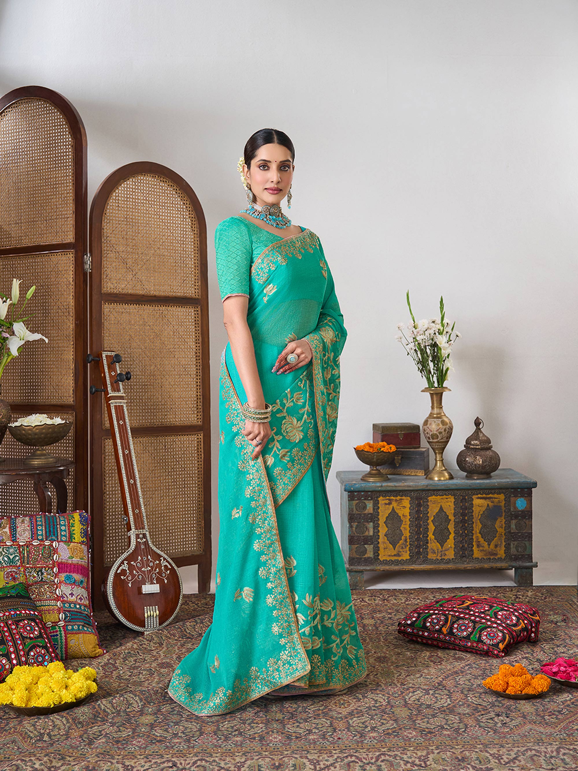 Laxmipati Gajak Teal Green Chiffon Floral Embroidered Saree