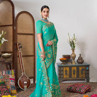 Laxmipati Gajak Teal Green Chiffon Floral Embroidered Saree