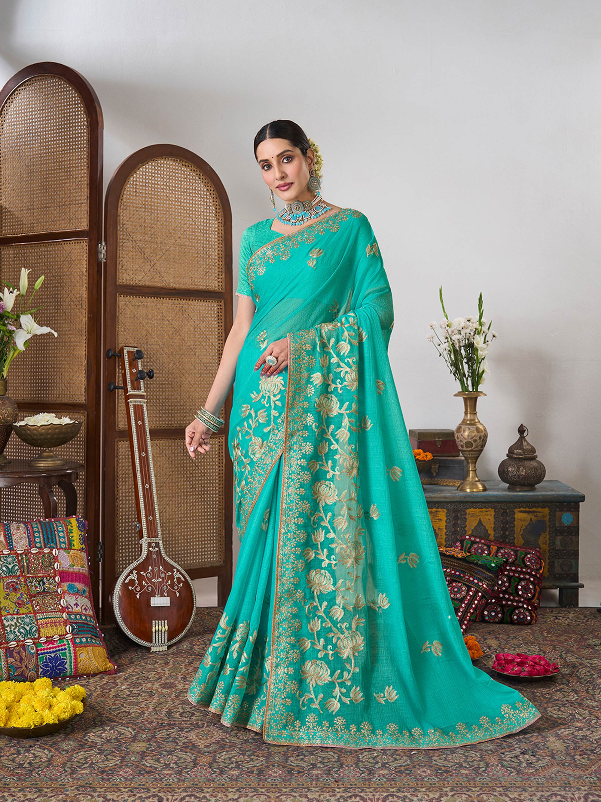Floral embroidery designer saree