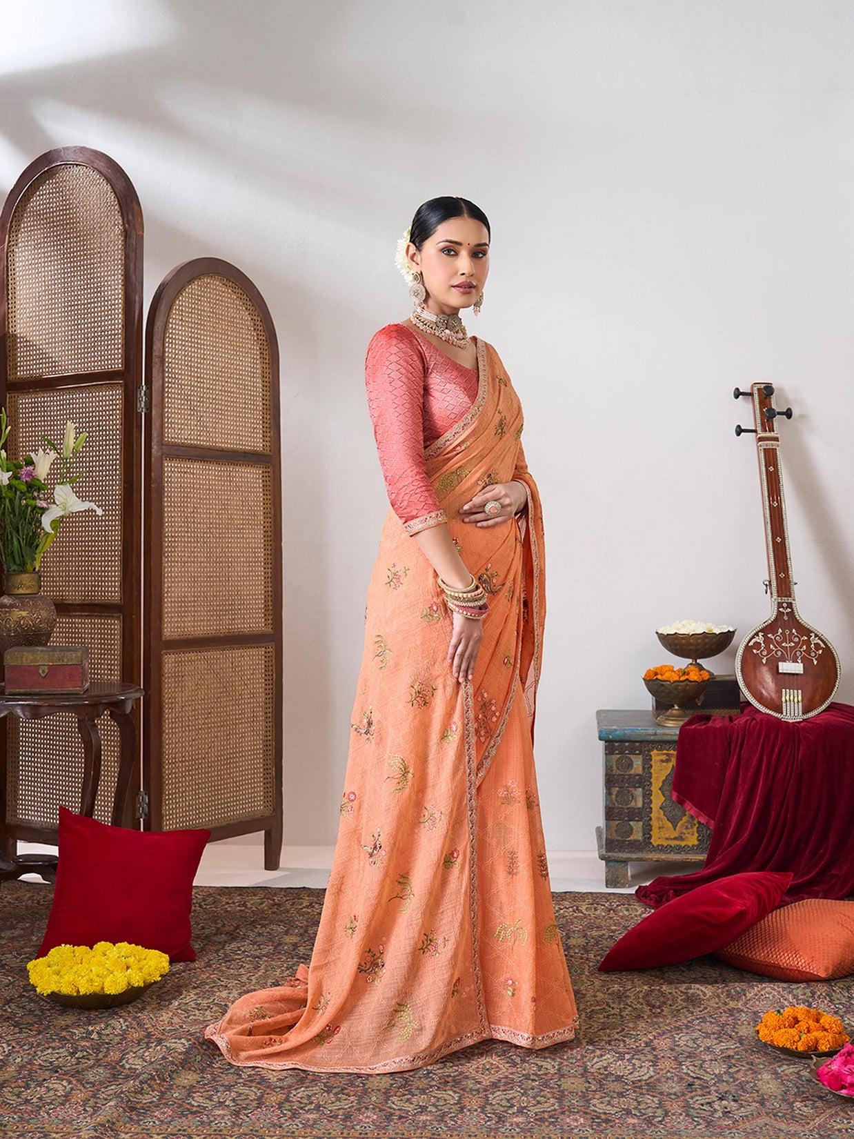 Peach festive party saree