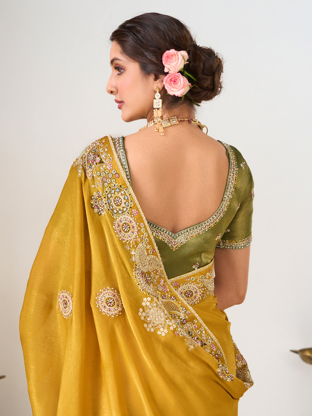 yellow organza saree