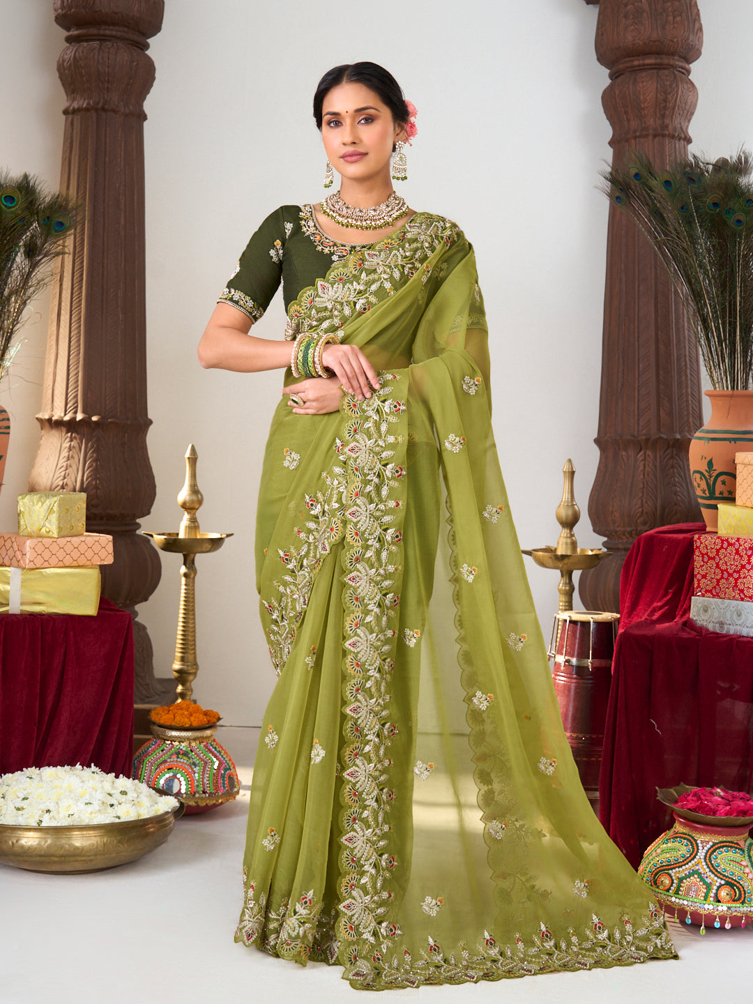 Green organza designer saree
