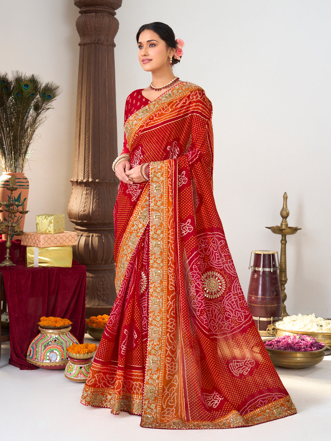 Maroon bandhani saree 