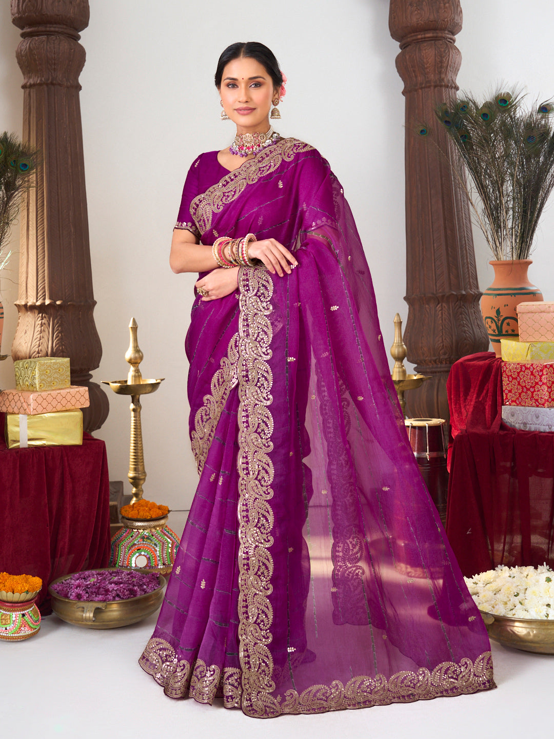 Purple zari work saree