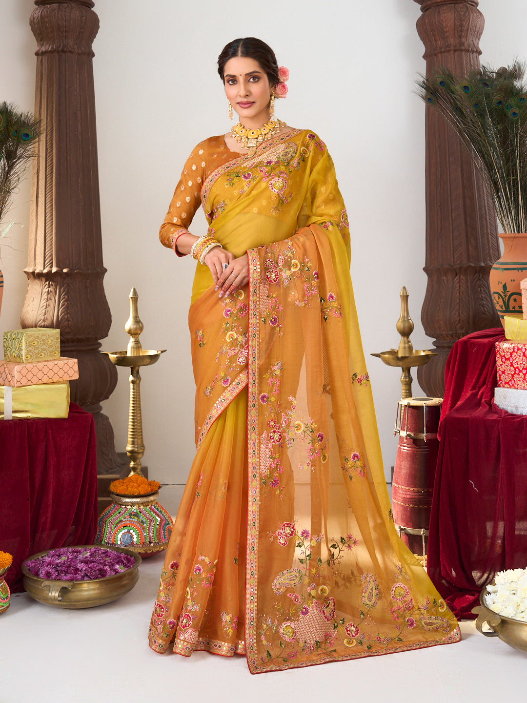 Ombre yellow orange saree