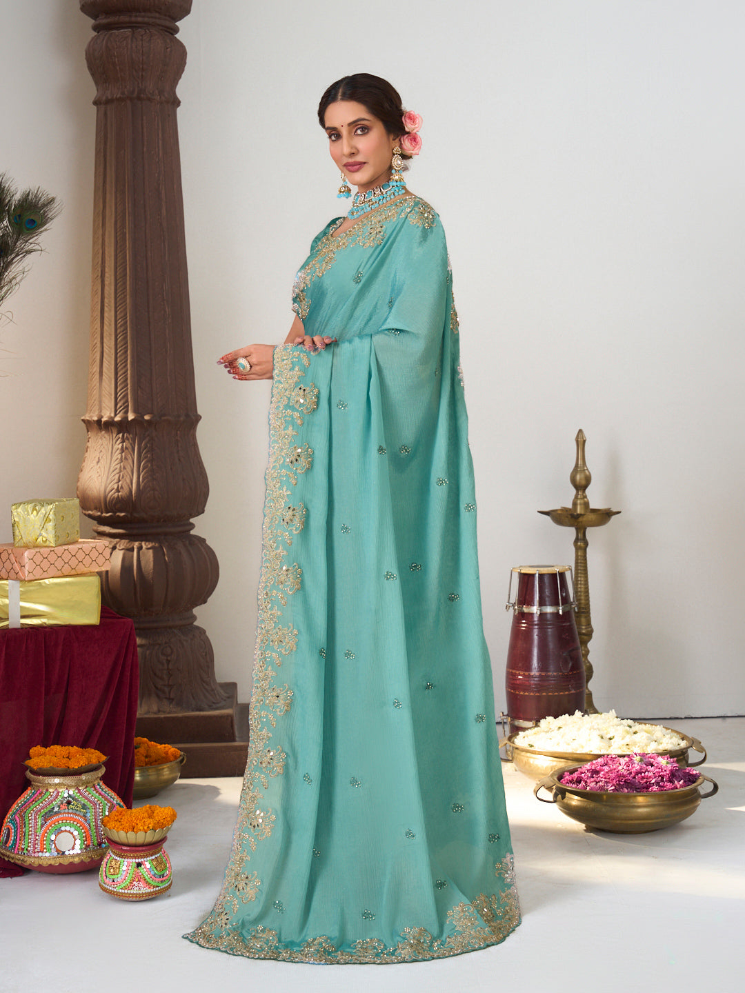 floral embroidered designer saree