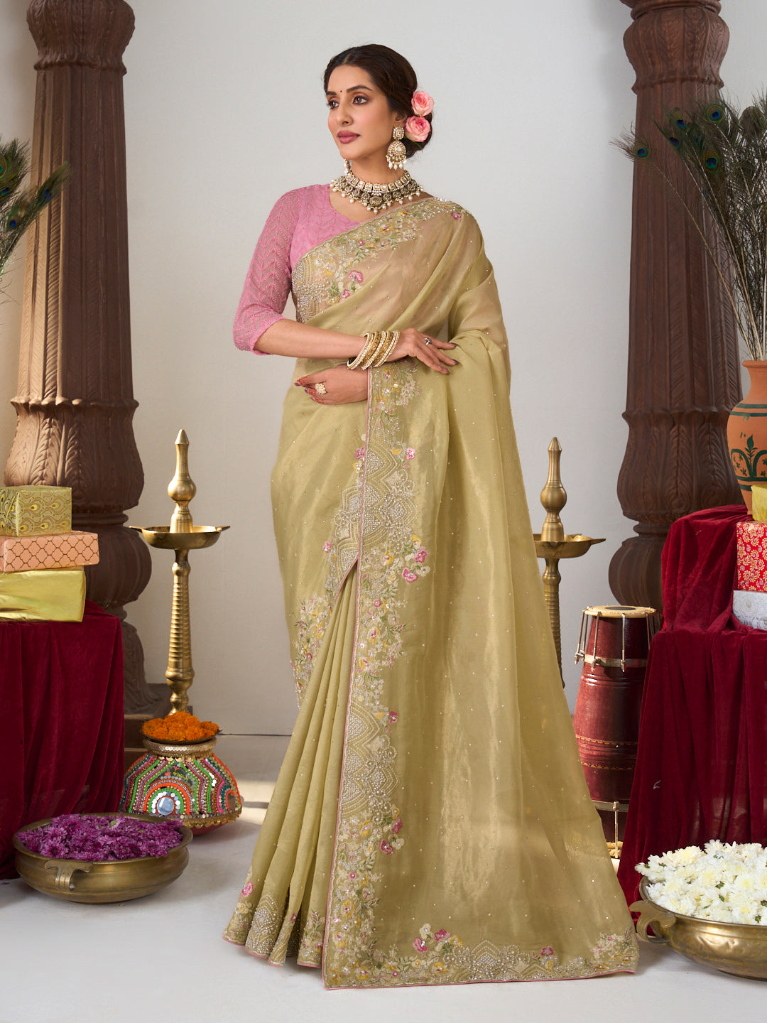 green organza saree