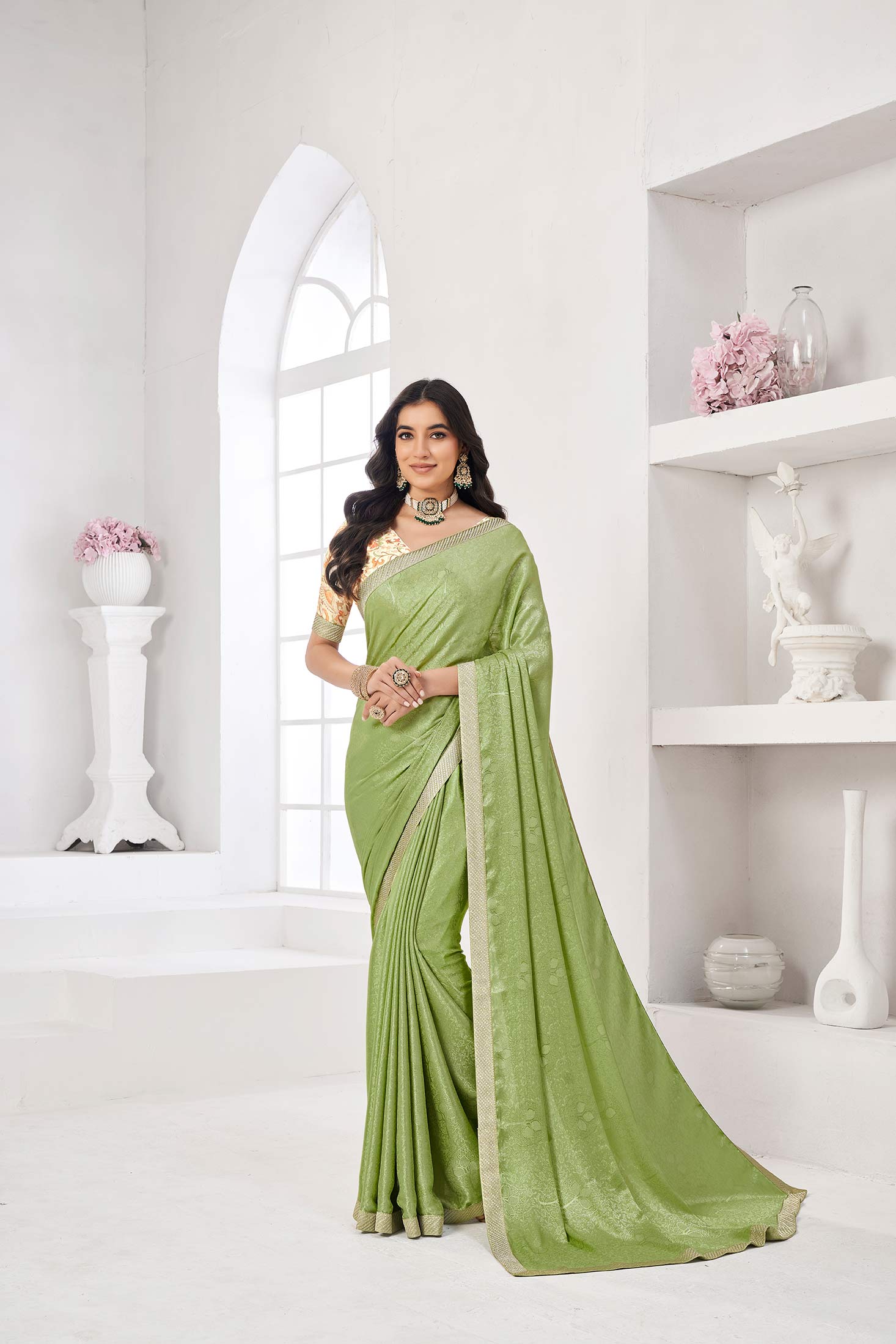Mint green printed silk blend saree