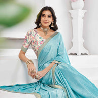 Teal blue floral print saree