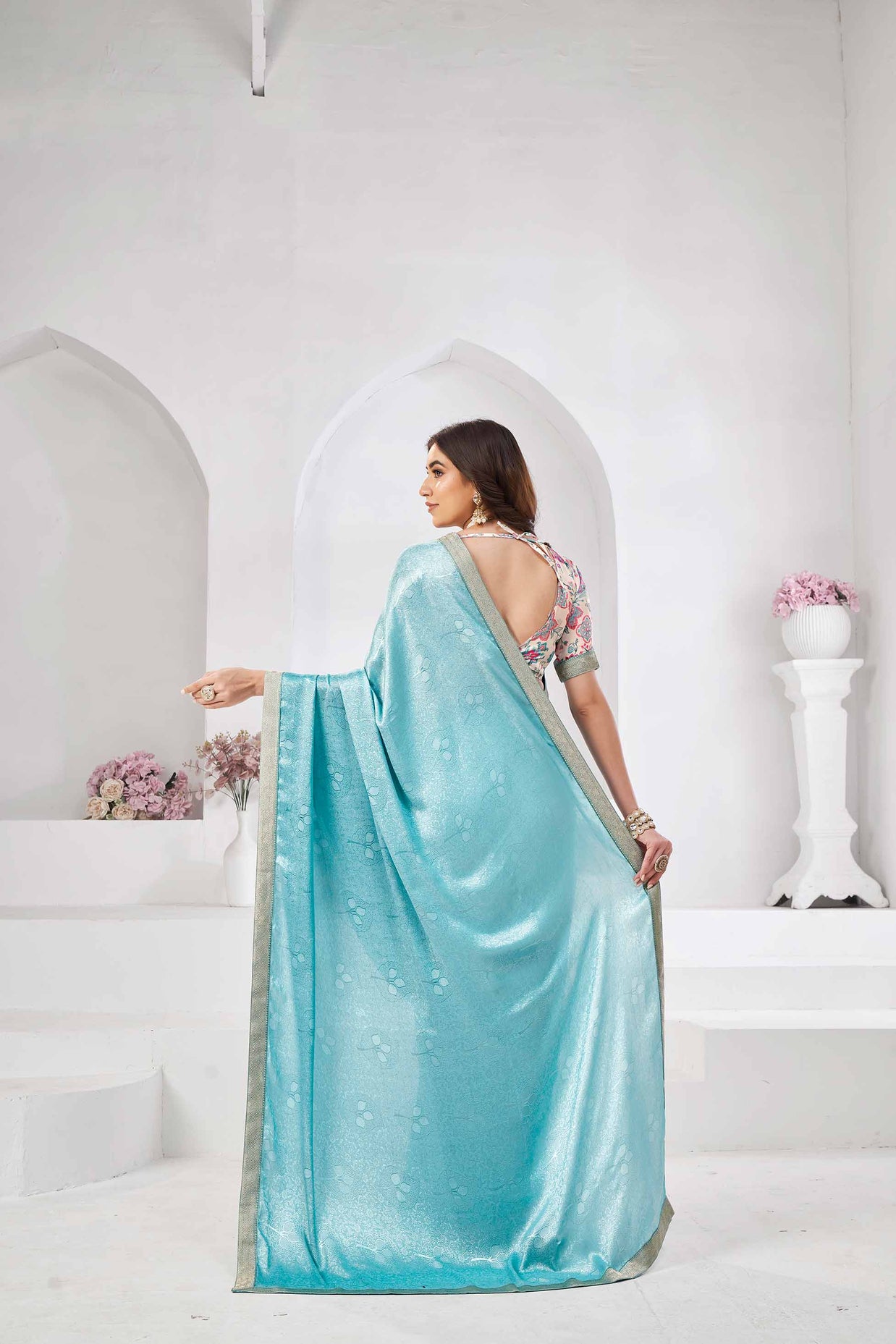Sky blue floral print saree