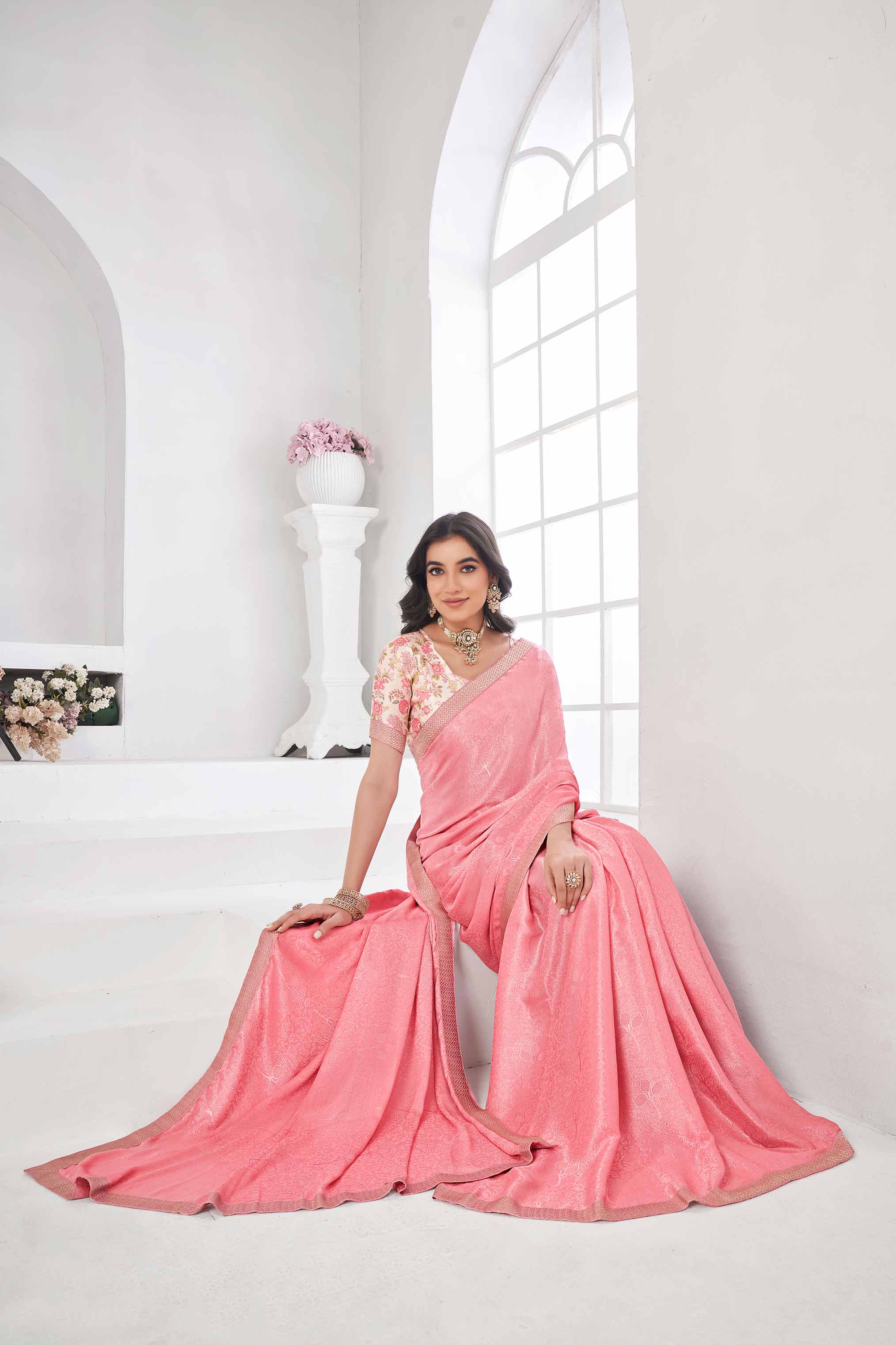 Pink silk saree with floral print