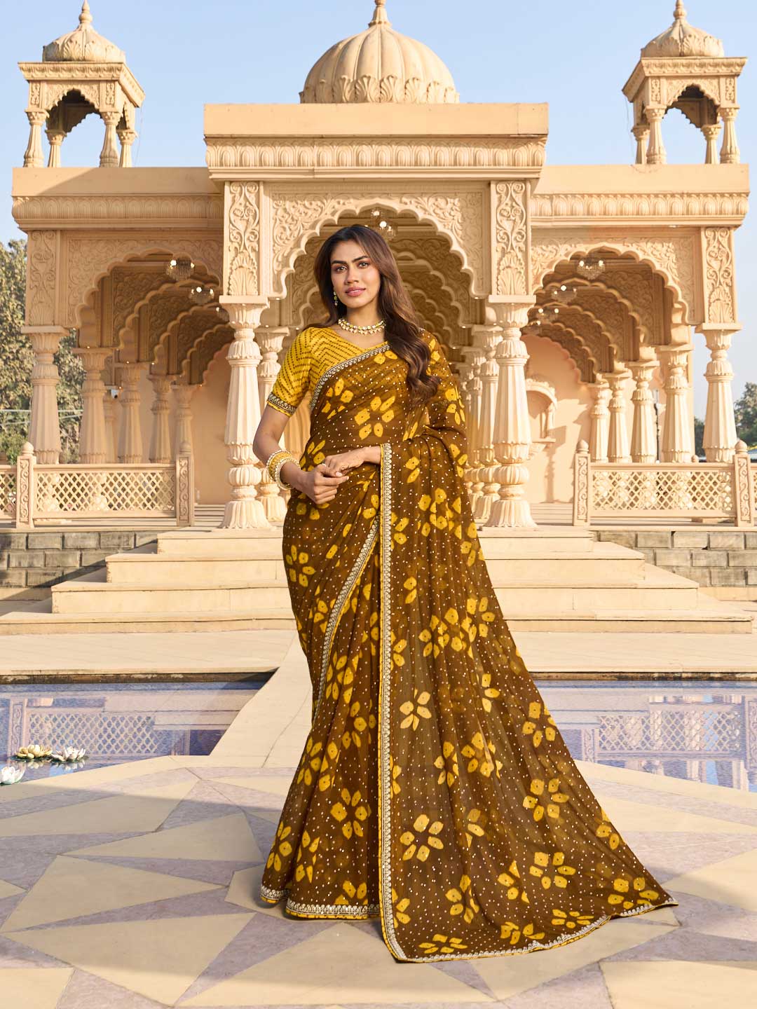 Brown printed chiffon saree
