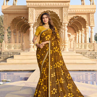 Brown printed chiffon saree