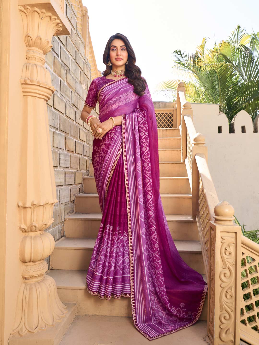 Purple printed silk blend saree