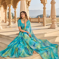 Teal blue saree with silk blouse