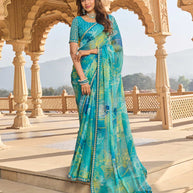Teal blue printed chiffon saree
