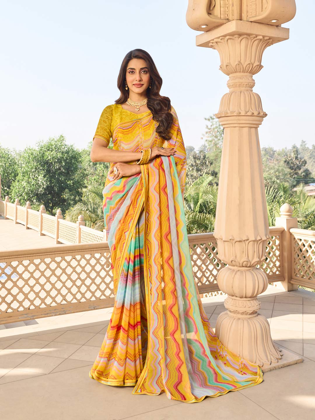 Yellow chevron print georgette saree