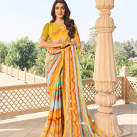 Yellow chevron print georgette saree
