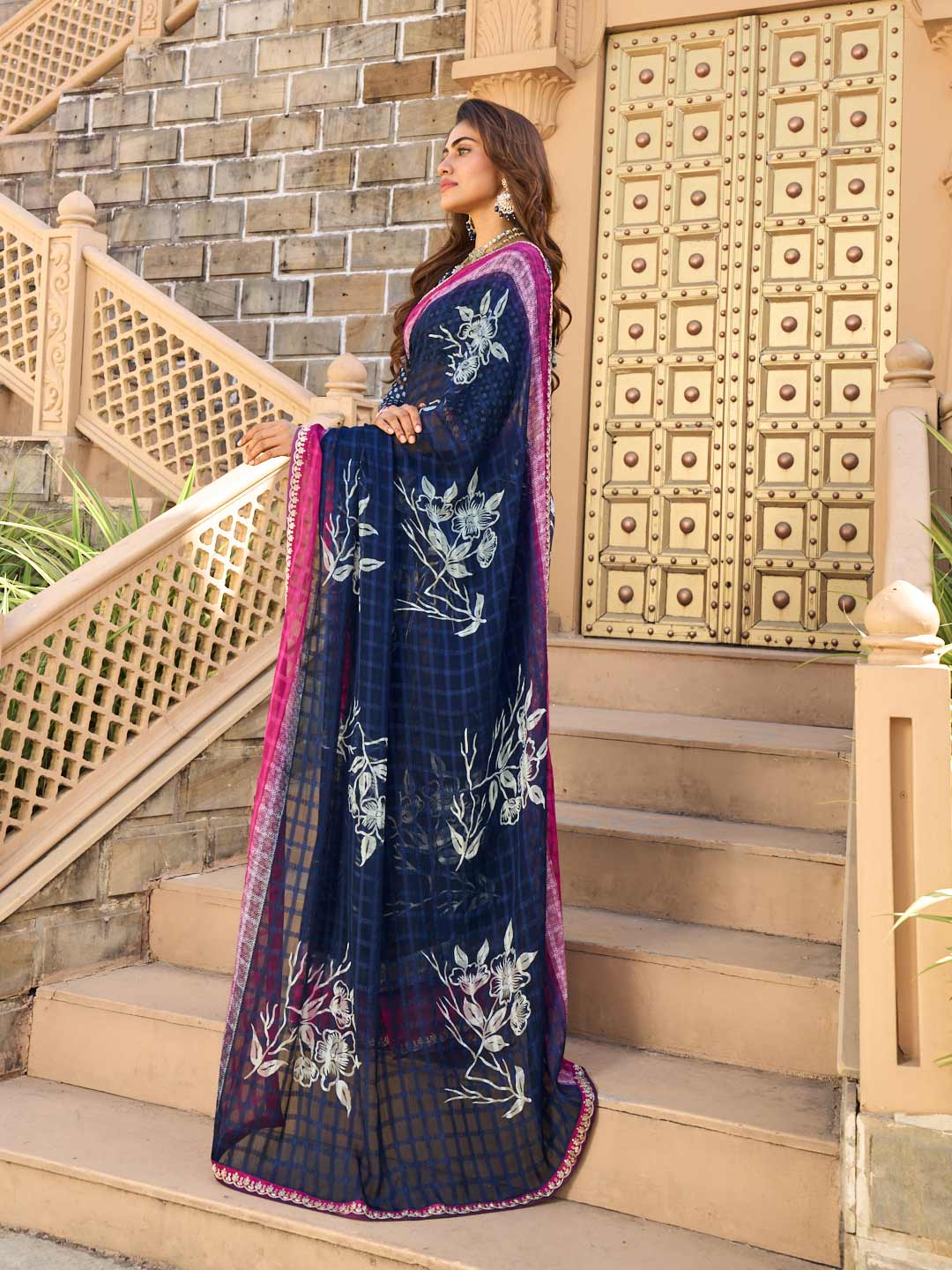 Navy blue saree with silk blend blouse
