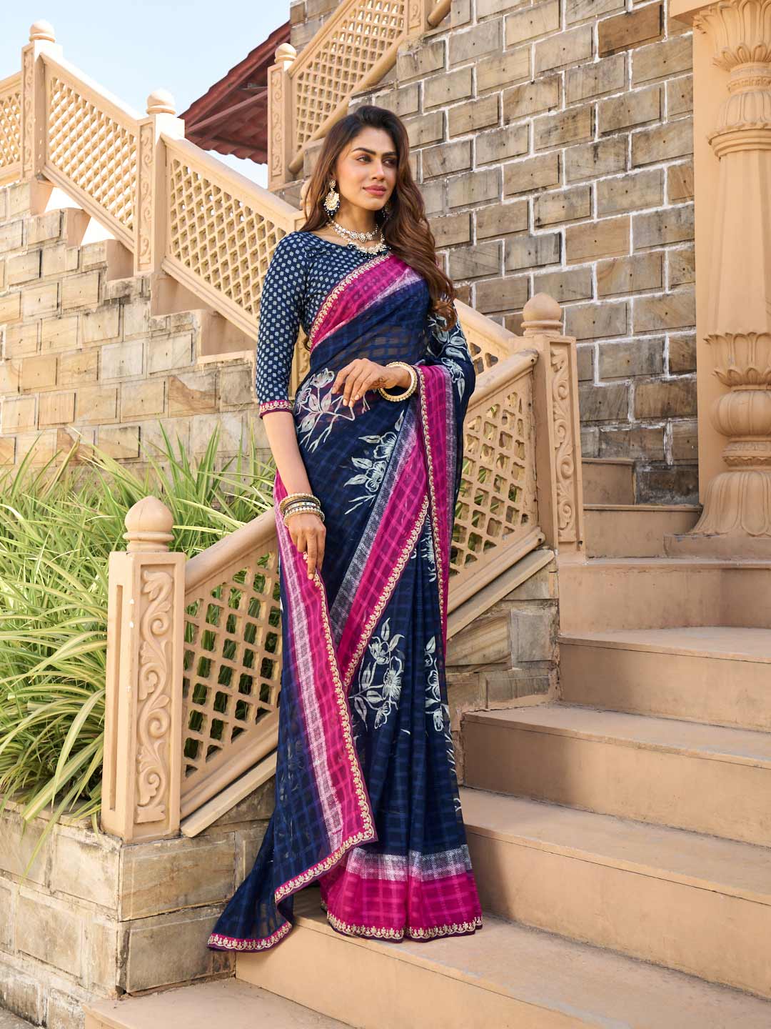 Floral printed chiffon saree design