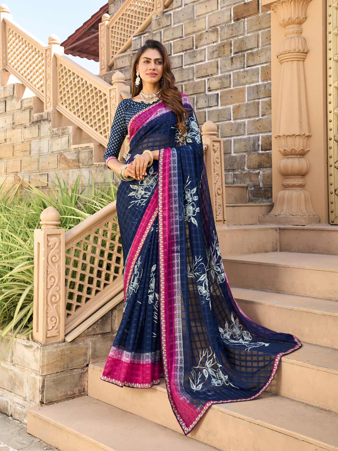 Navy blue floral print chiffon saree