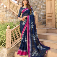 Navy blue floral print chiffon saree