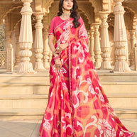 Pink floral chiffon saree full look