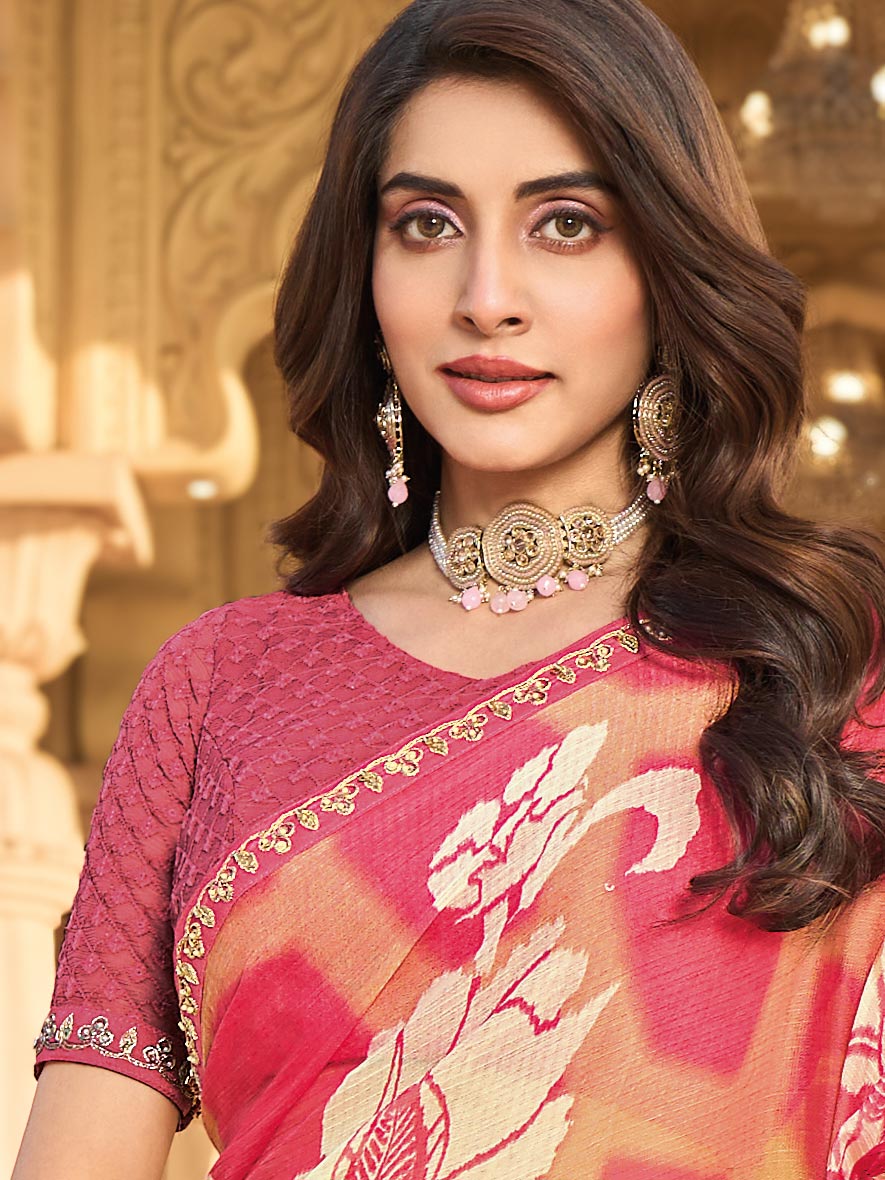 Elegant pink printed saree look