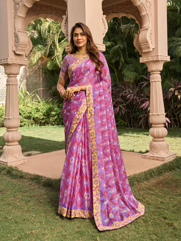 Purple ikkat print silk blend saree