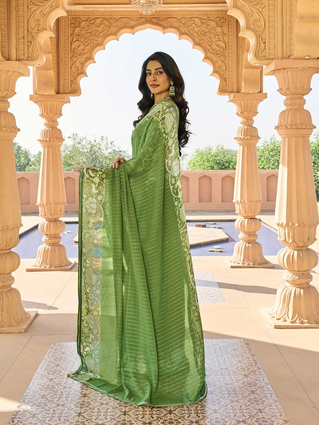  Floral print on green georgette saree