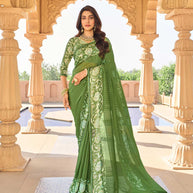 Green floral georgette saree front view